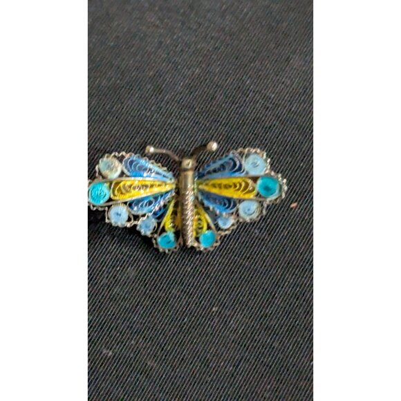 Vintage Butterfly Filigree Brooch Pin Enamel Handcrafted Elegant Blue Yellow Del - Picture 7 of 8